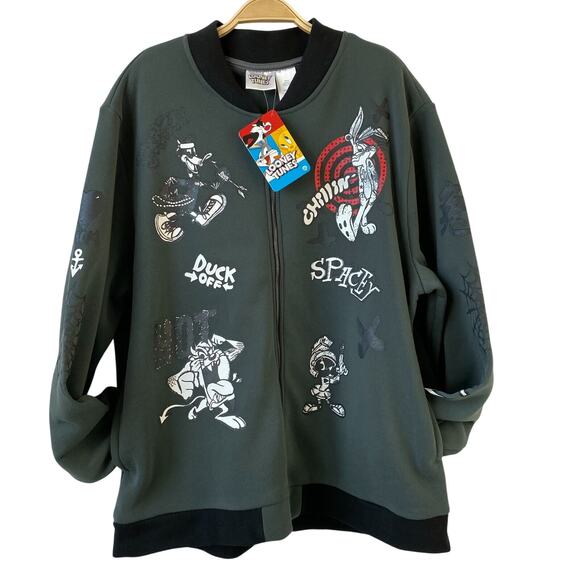 Warner Bros Y2K Looney Tunes Bomber Jacket Men XL Gray Cartoon Graphic Print NWT - Picture 2 of 9